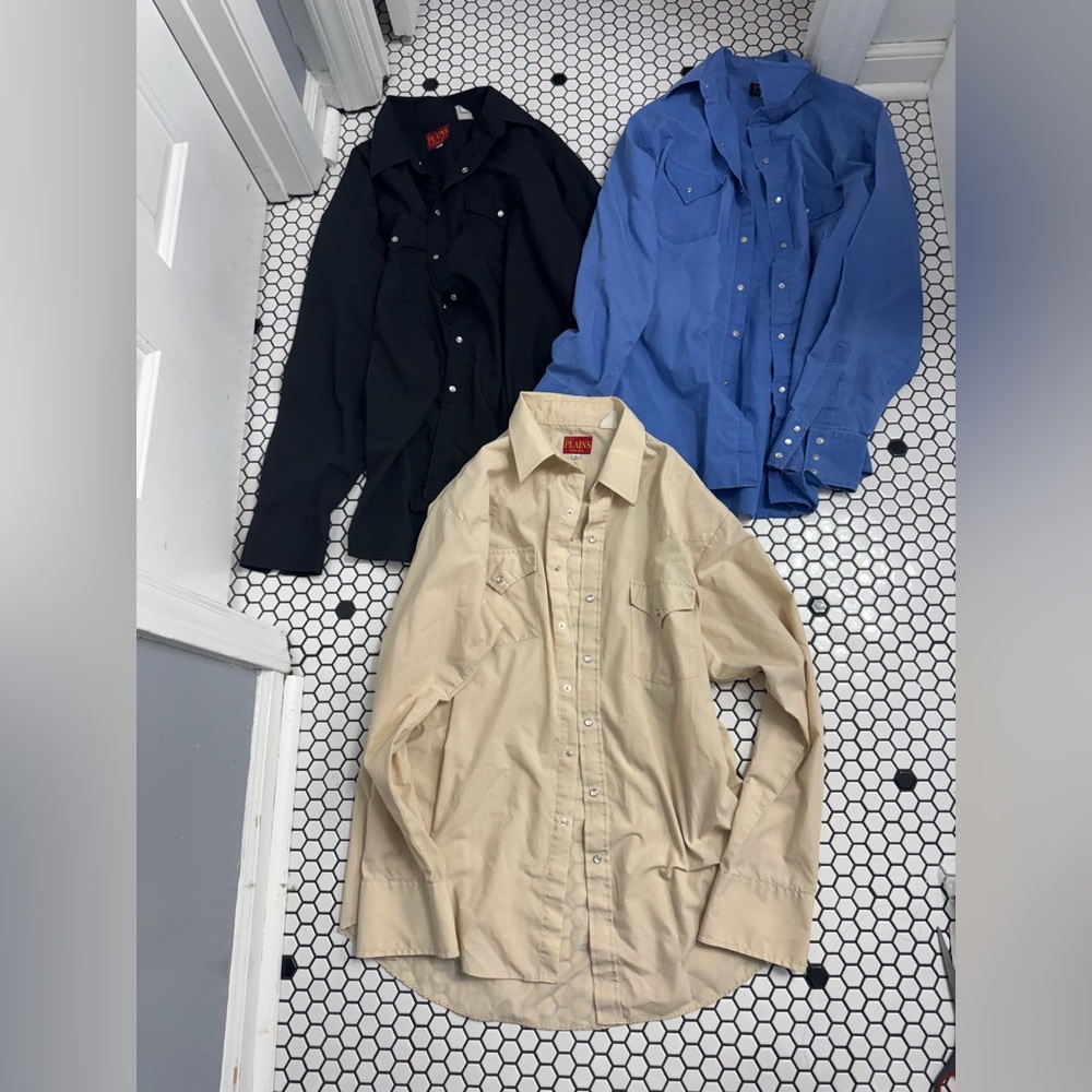 Set of Three pearl snap Shirts - Black, Blue, and Tan size large ely plains